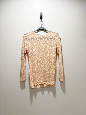 Sandro Light Peach Floral Appliqué Lace Long-Sleeve Mesh Top Spring Chic Sz L